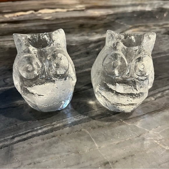 Vintage Other - PAIR Mid Century Modern Glass Owl Candlesticks Taper Candle Holders 3”